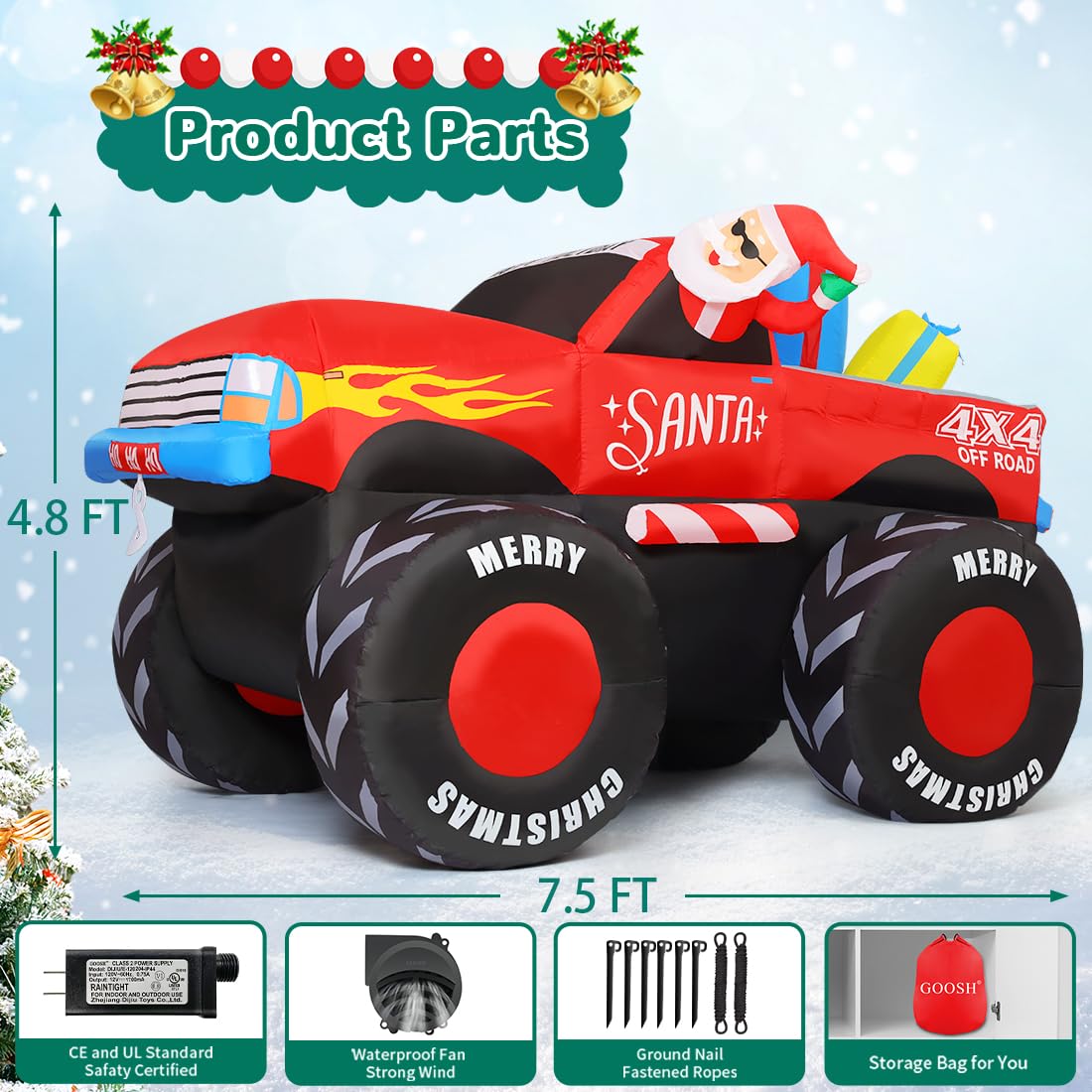 GOOSH 7.5 FT Long Christmas Inflatables Santa Claus Outdoor Decorations Blow Up Yard Snowman with Presents on Truck with Built-in LEDs for Garden Lawn Indoor Party Décor