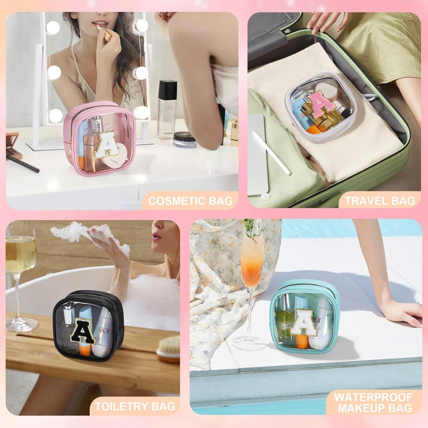 YOOLIFE Initial Make Up Bag Travel Toiletry Bag, Clear Makeup Bag Preppy Cosmetic Bags Organizer Travel Essentials Gifts for Women Teen Girlfriend Teacher Mom Birthday Mothers Day Gifts White Q