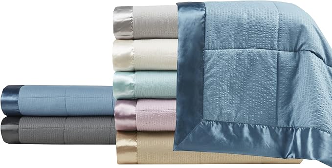 Madison Park Cambria Down Alternative Blanket, Premium 3M Scotchgard Moisture Wicking Treatment, Lightweight and Soft Bed Cover For Summer with Satin Trim, Oversized Full/Queen Gray