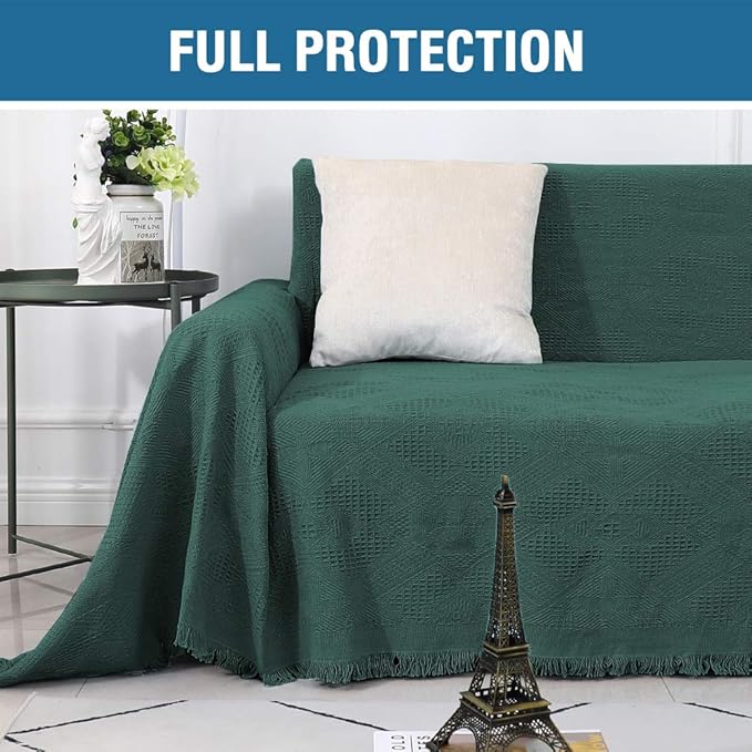 H.VERSAILTEX Cotton Sofa Covers Couch Cover Sofa Slipcover for Most Shape Sofas, Feature Thick Woven Jacquard Seamless with Tassels, Multi-Use Decorative for Couch (XX-Large: 91" x 134", Green)