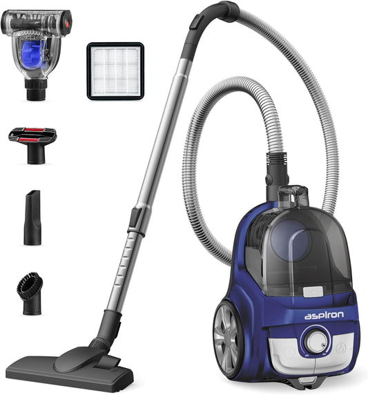 Aspiron Canister Vacuum, Upgraded 1600W Bagless Canister Vacuum Cleaner, Auto Cord Rewind, H13 HEPA Filter, 3.7Qt Large Capacity, 5 Tools for Hard Floors, Carpet, Pet, Upholstery, Tiles, Car, White