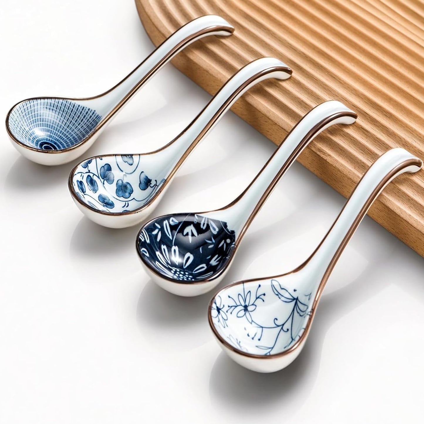 KHOI NGUYEN Asian Soup Spoon Set of 4, Ceramic Pho Spoons, Ramen Spoon, Chinese Soup Spoons, Vietnamese Gifts, Non-Slip, Dishwasher Safe for Ramen, Pho, Wonton, Miso, Dumplings, 4pcs