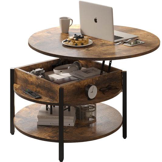 FABATO Round Lift Top Coffee Table with Storage and Hidden Compartment, 26.77'' Farmhouse Coffee Table for Living Room Reception Room, 2 Tier Small Round Coffee Table Circle Dining Table, Rustic Brown