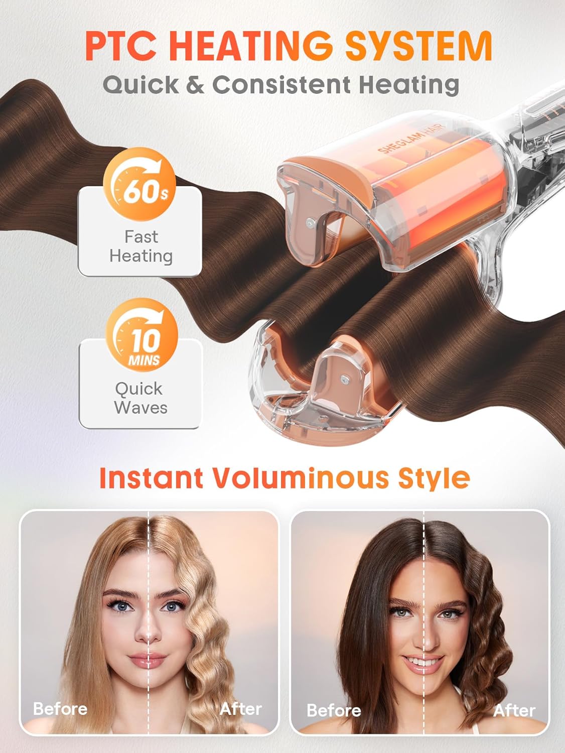 SHEGLAM Hair Beach Babe Hair Waver 2 Barrel Crimper 1 Inch with Smart Timer & Adjustable Temps Dual Voltage, Anti-Scald, Easy to Use