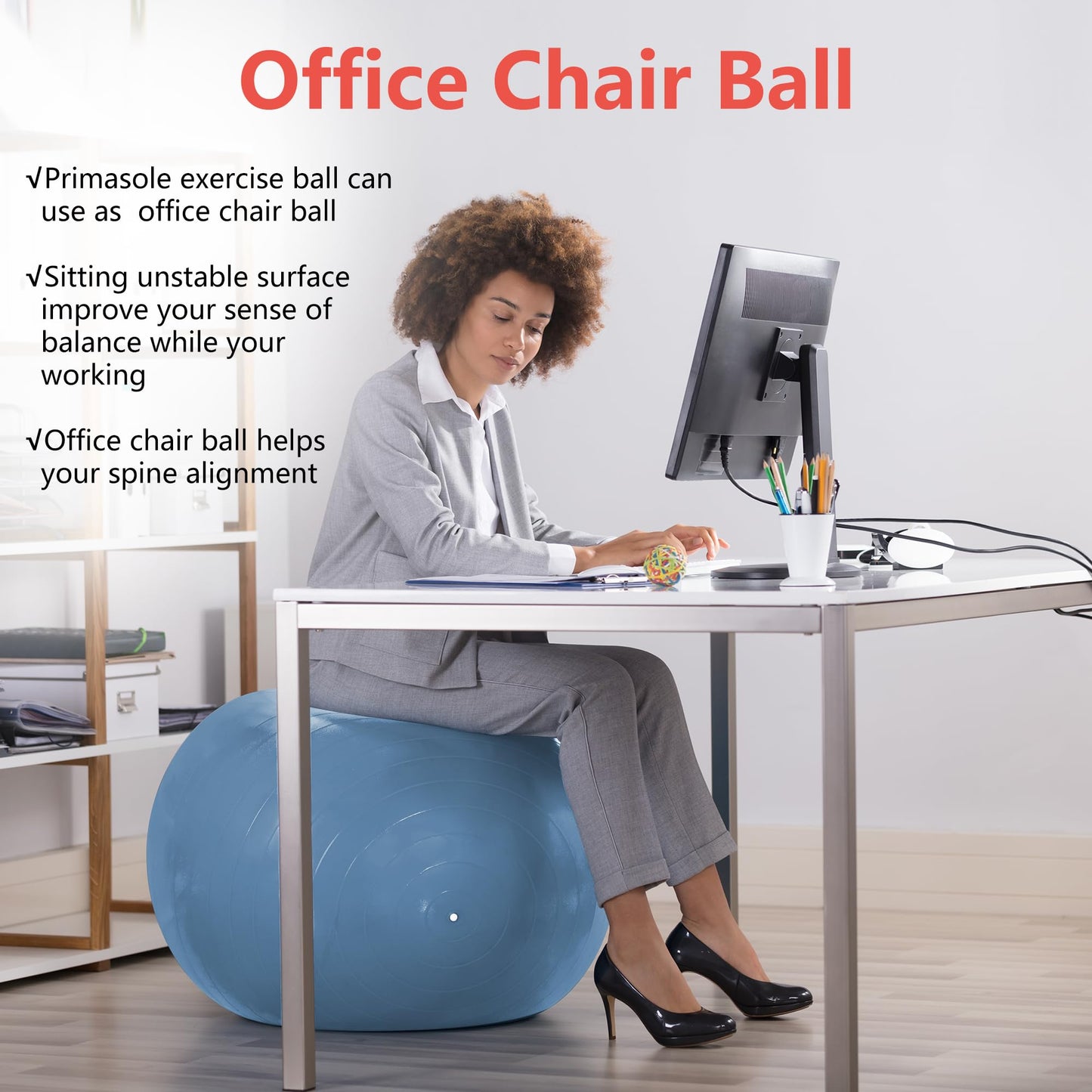 primasole Exercise Ball for Balance Stability Fitness Workout Yoga Pilates at Home Office & Gym 75cm Pale Gray
