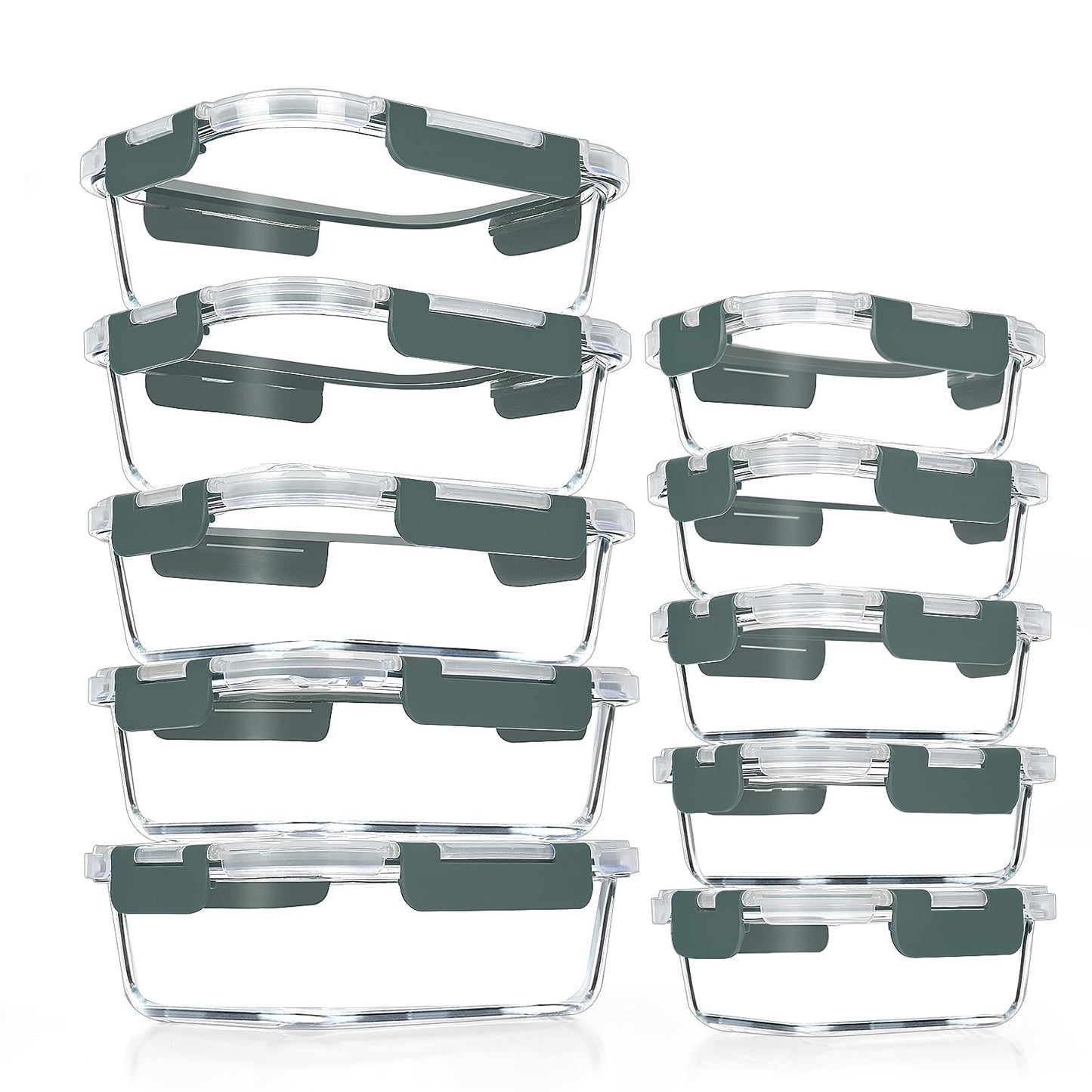 VERONES 10 Pack Glass Meal Prep Containers, Airtight Glass Lunch Containers, Stackable Glass Food Storage Containers Set with Lids,Exclusive of BPA,for Microwave, Oven, Freezer & Dishwasher,Grey