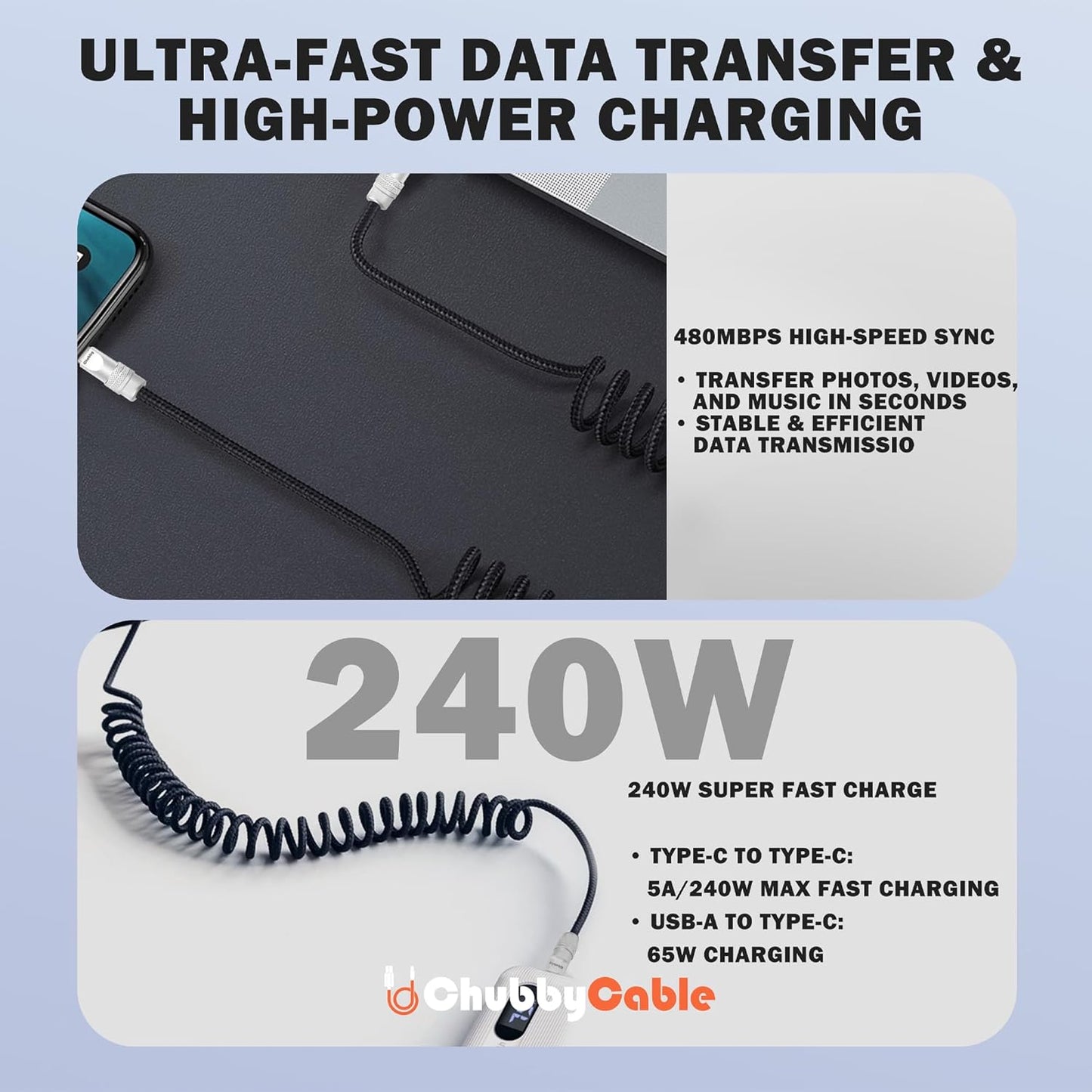 chubbycable Curly Chubby - Retractable Fast Charging Cable 240W Coiled Charger Cord for Car Durable USB-C Cable for Phones, Tablets and More, Purple+Purple, USB-A to Type-C, 1.3FT-2.3FT