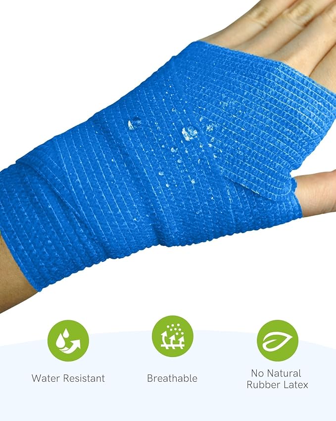 FriCARE Self Adhesive Bandage Wrap, Medical Tape in First Aid Kit, Cohesive Bandages for Wounds Sport Vet, FSA/HSA Eligible, 2 Inches X 5 Yards 6 Rolls, Blue