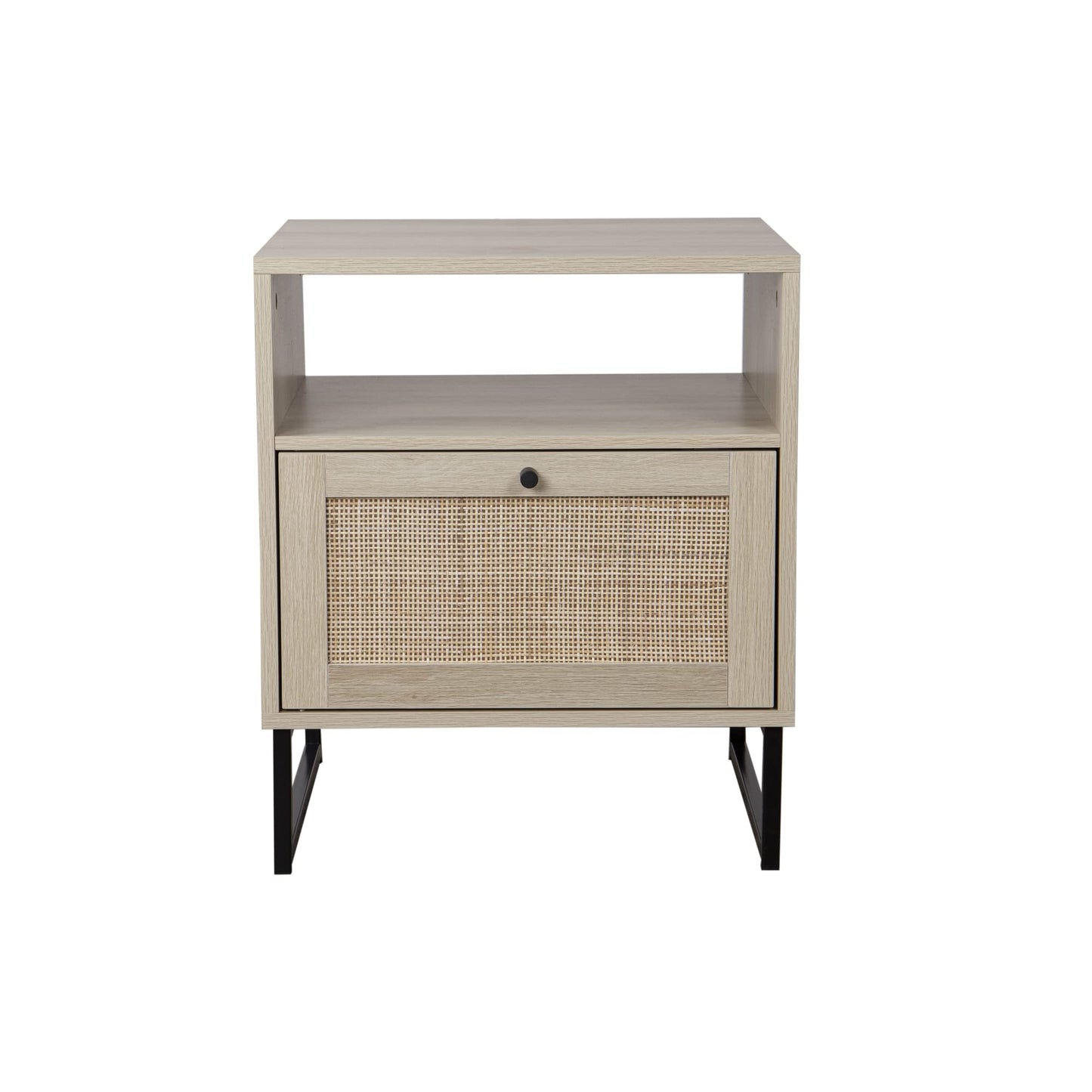 Nathan James Mina Rattan Wood End Side Accent Table Nightstand with Storage for Living Room or Bedroom, 1, Oak/Black