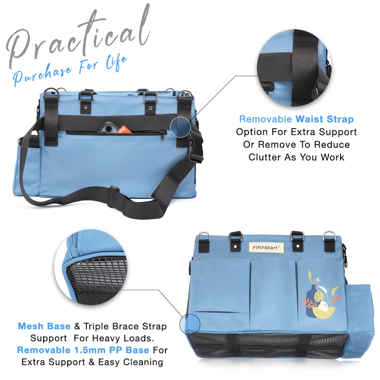 FifthStart Multiuse Cleaning Caddy with Waist & Shoulder Strap - Diaper Caddy & Beach Bag - 9 Pockets & Mesh Base - Blue, X-Large