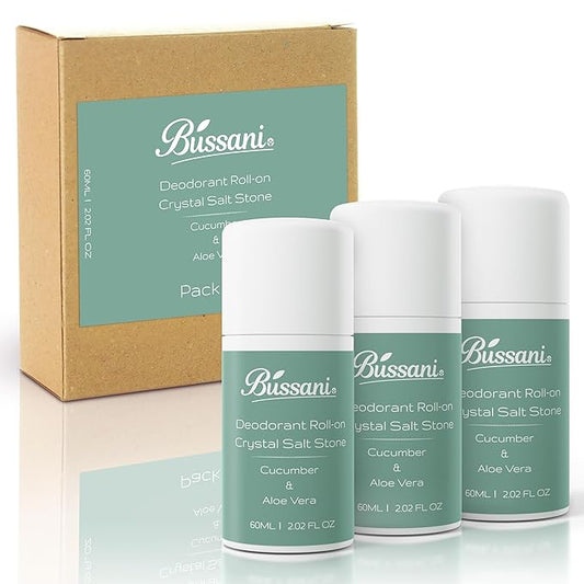 Bussani Deodorant Roll-On Crystal Salt Stone – For Girls, Kids, Boys | Aluminum & Baking Soda Free | 24-Hour Odor Protection | Cucumber & Aloe Vera Scent | 2.02 fl oz | Pack of 3