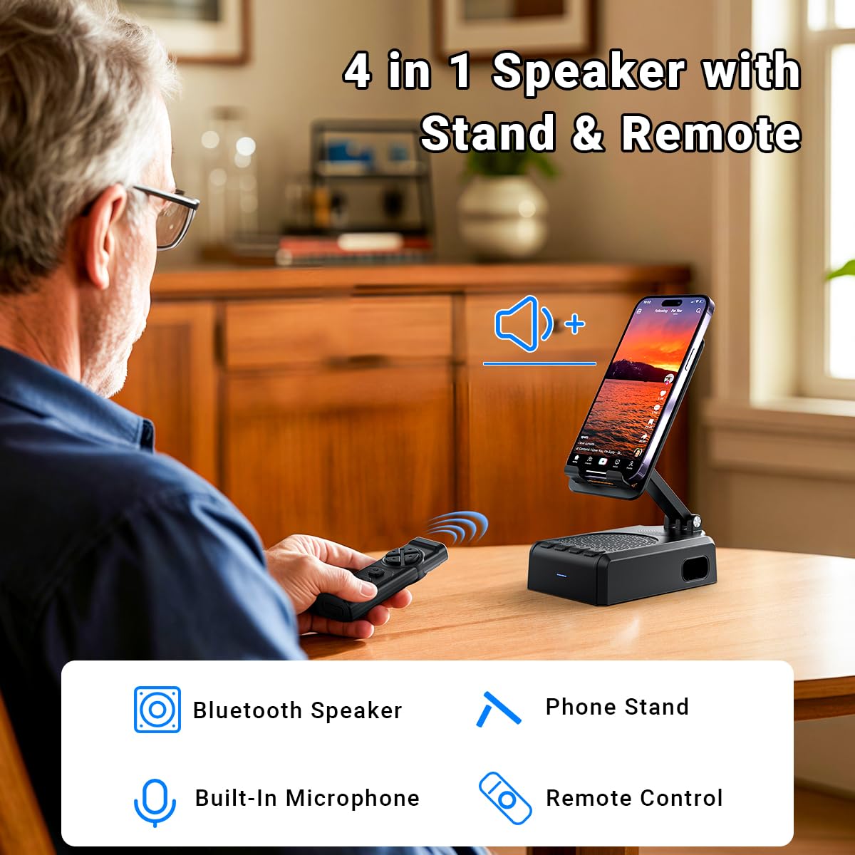 AIKELA Bluetooth Speaker with Video Scrolling Remote and Phone Stand, Phone Speaker Amplifier, Stereo Sound, Adjustable Holder, Gifts for Men Women Teens