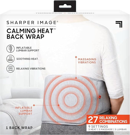 Calming Heat Back Wrap by Sharper Image- Electric Back Heating Pad with Customizable Inflatable Lumbar Support, Soothing Heat, & Massaging Vibrations- 9 Settings 3 Heat, 3 Vibration, 3 Lumbar