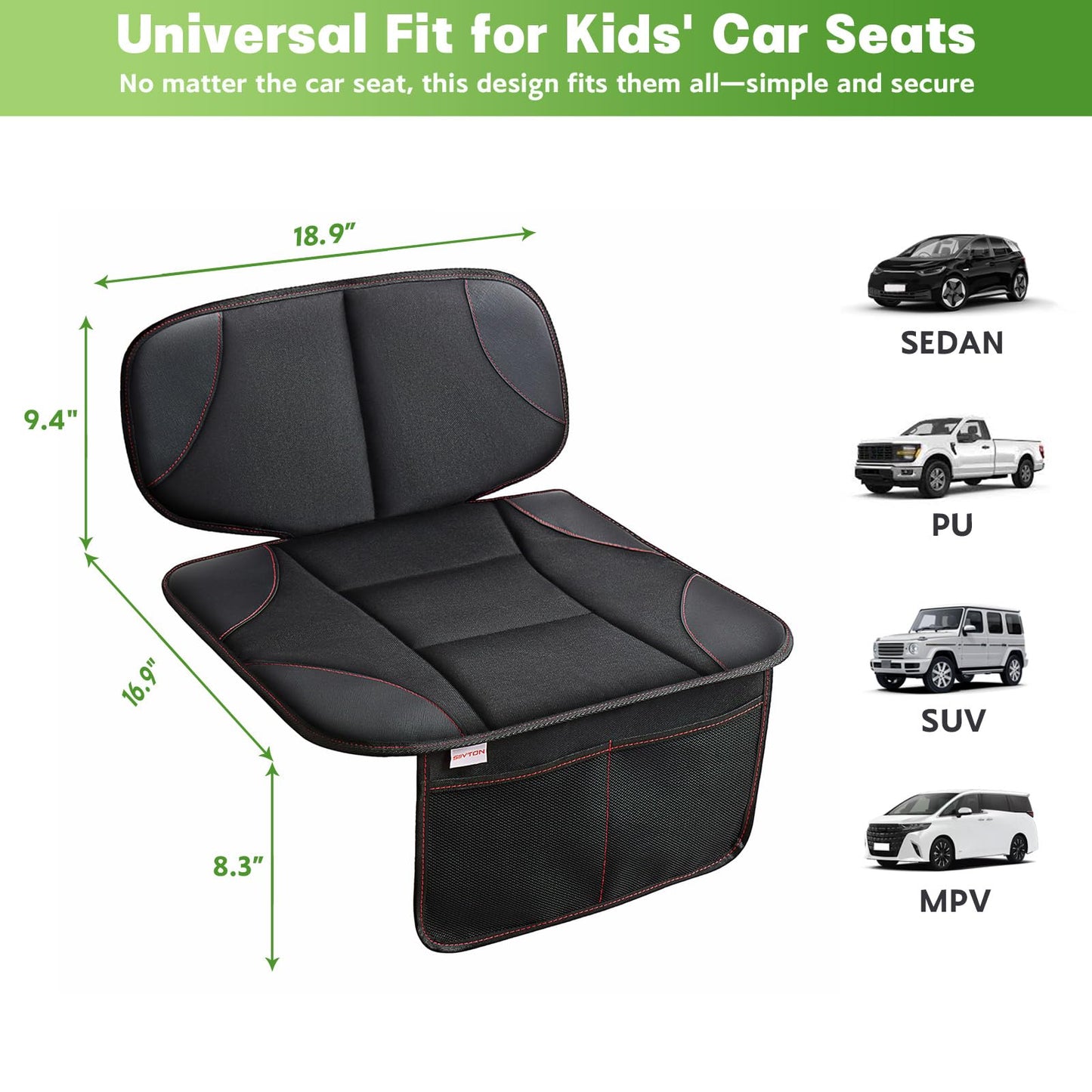 Siivton Kids Booster Seat Protector Mat, Thick, Anti-Slip, Waterproof, with Mesh Pockets for Toys & Snacks, Fits Most Cars, Black - 2 Pack