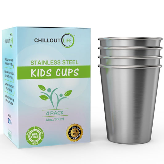 CHILLOUT LIFE Stainless Steel Cups for Kids and Adult 12 oz – Metal Kids Cups stackable for Home & Outdoor Activities, BPA Free Healthy Unbreakable Premium Metal Drinking Pint Glasses (4-Pack)