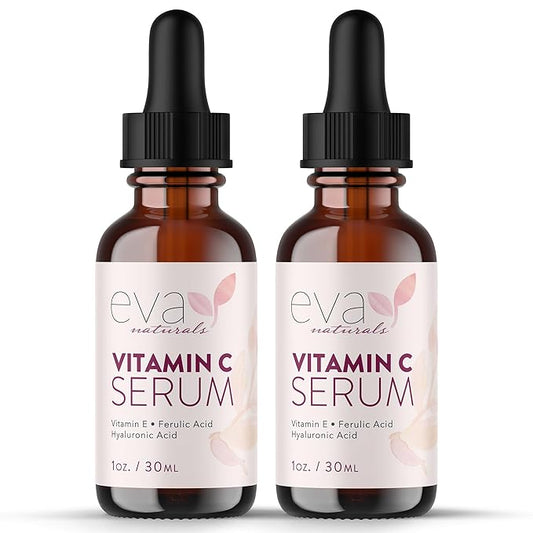 Eva Naturals Vitamin C Serum for Face - 20% Vit C with Hyaluronic Acid, Ferulic Acid & Vitamin E - Facial Serum for Dark Spots, Acne, Anti Aging, Glow & Even Skin Tone, 1 oz (Pack of 2)