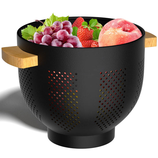 Colander for Kitchen - Strainers and Colanders - 6 Quart Large Metal Colander with Wood Handle - Food Strainer Basket for Draining Pasta, Vegetable & fruit, Kitchen Gadgets Matte Black