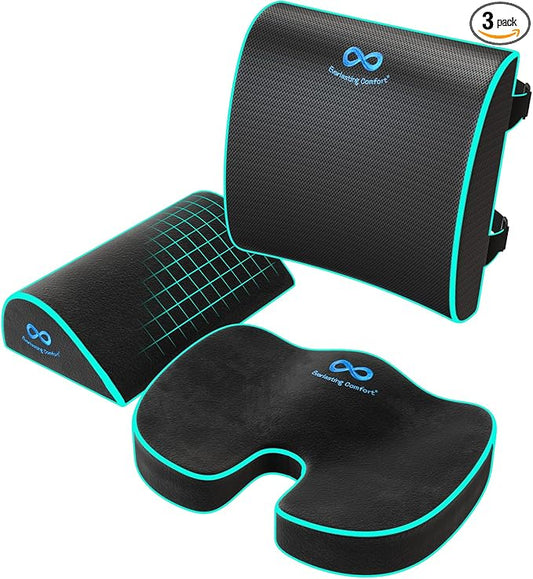 Everlasting Comfort Back Cushion with Seat & Foot Support Bundle - Memory Foam Office Chair Cushions for All-Day Comfort - Ideal for Work, Car, Desk