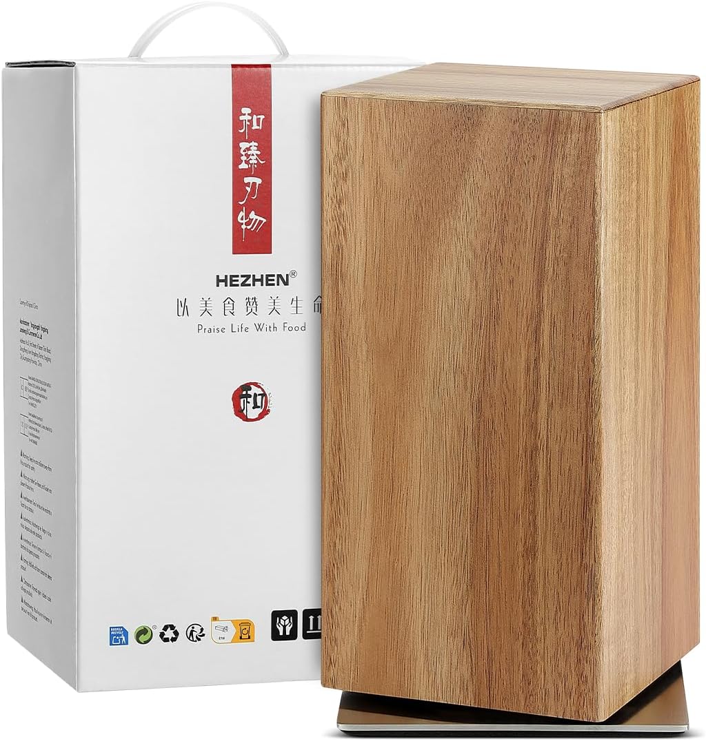 HEZHEN Magnetic Rotating Knife Holder without Knives, Acacia Wood, 360° Knife Block for Kitchen Counter, Space-saving and Larger Capacity Knife Storage, Strong Enhanced Magnets Strip