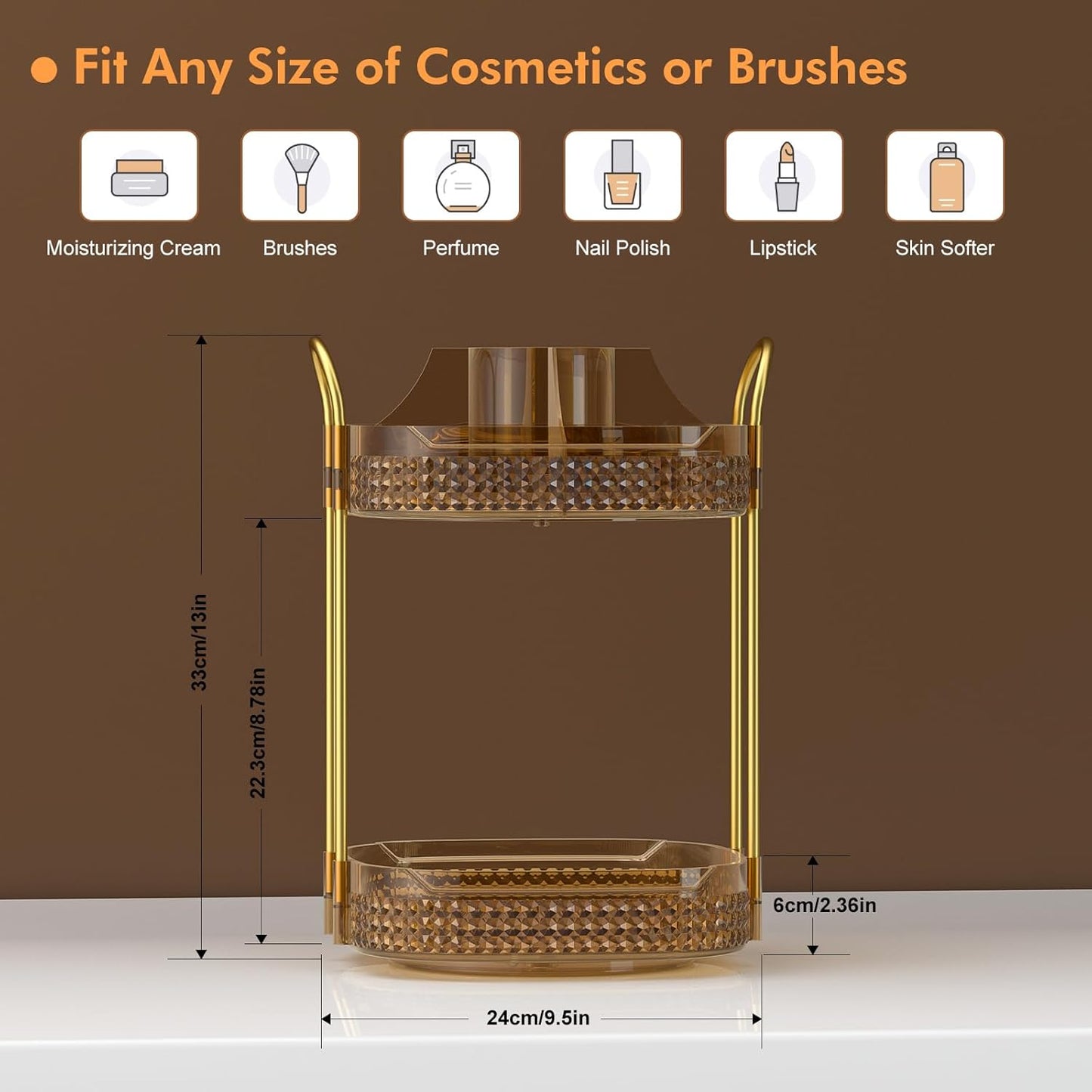 Awenia Rotating Makeup Organizer 360, Stackable Adjustable Large Capacity Cosmetic Storage Unit,Dresser Bathroom Kitchen Countertop Organizer with Metal Handle, Plus Size (Honorable Gold, 2 Tier)