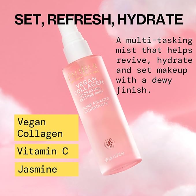 Pacifica Beauty Vegan Collagen Hydrating Setting Mist – Hydrating Illuminating Face Primer for Dewy Skin, w/Vegan Collagen & Squalane for Radiant Glow, Soft-Focus Pore Blurring Makeup Base