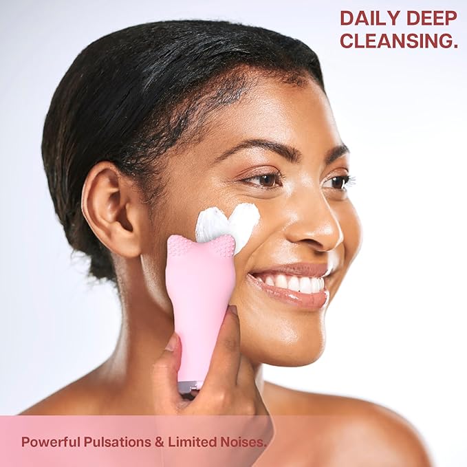 MIA Facial Cleansing Brush, Waterproof Rechargeable Face Cleansing Brush, with Soft Silicone and Adjustable Sonic Vibration, for Deep Cleansing Gentle Exfoliating and Massaging (Pink)