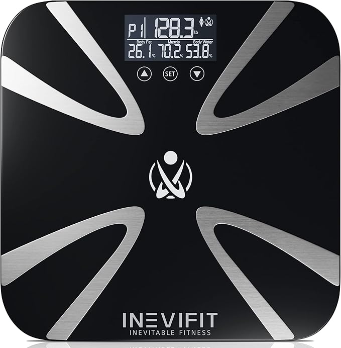 INEVIFIT Body Fat Scale, Highly Accurate Digital Bathroom Body Composition Analyzer, Measures Weight, Body Fat, Water, Muscle, BMI, Visceral Levels & Bone Mass for 10 Users. Includes Batteries.