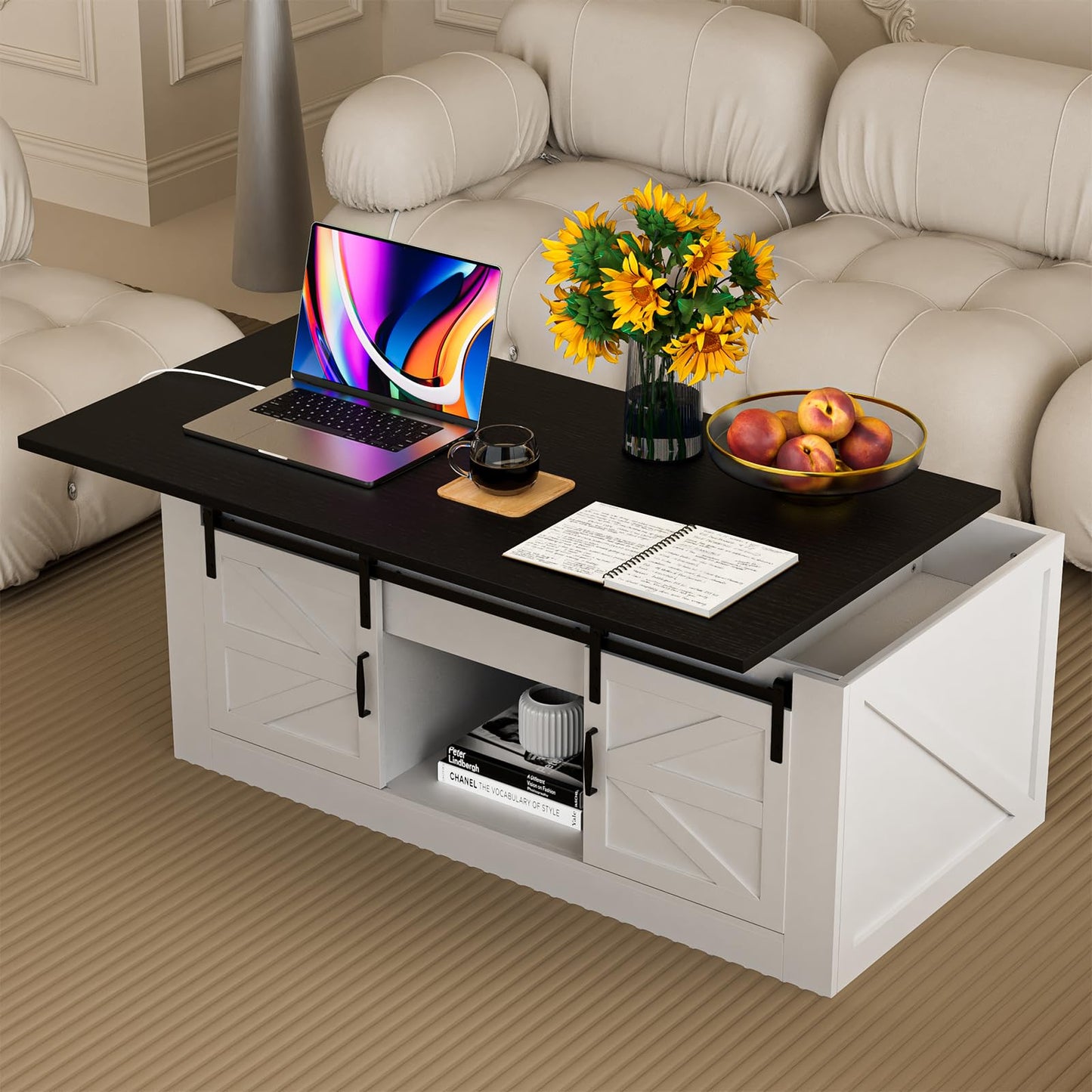 HPWLYQ 48" Lift Top Coffee Table with Storage & Power Outlets, Farmhouse Coffee Table with Sliding Barn Doors, Wood Square Center Table for Living Room Office Black
