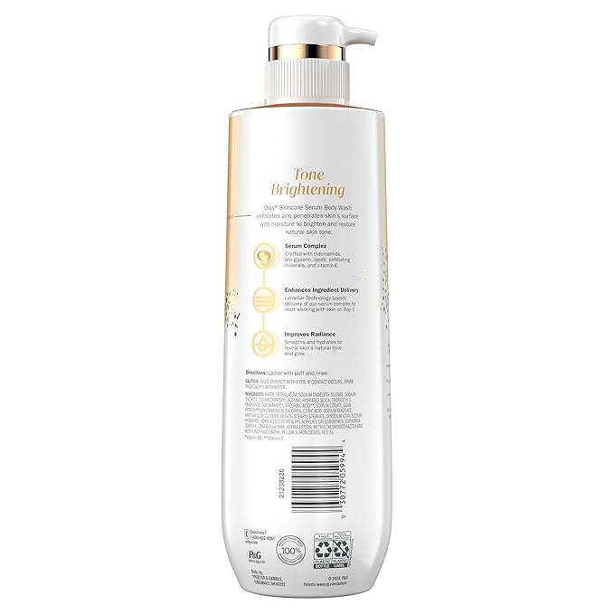 Olay Body Wash for Women, Tone Brightening Exfoliation, Vitamin C Serum Complex, Renew Moisture, Free of Parabens & Phthalates, Vitamin B3 Lameller Technology, For All Skin Types, 20 fl oz (Pack of 4)
