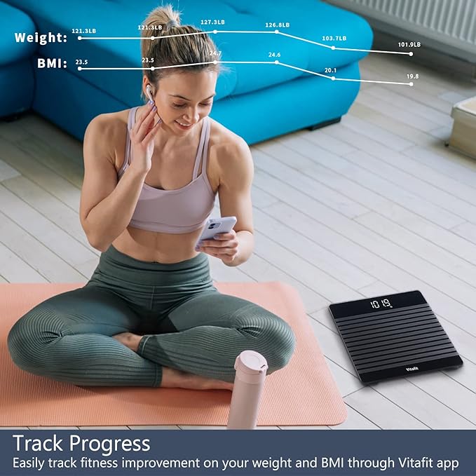Vitafit Anti-Slip Smart Digital Bathroom Scale for Body Weight, FSA HSA Store Eligible, High Accuracy Assured by Weighing Professional Since 2001, BMI with App,Black