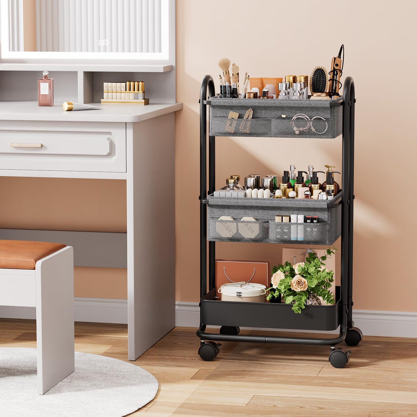 Modanais Baby Diaper Caddy Organizer Cart - 3 Tier Rolling Storage Cart with Wheels, Baby Essentials for Nursery Storage, Detachable Dividers - for Crib, Bedroom, Art & Craft Organizer (Black)