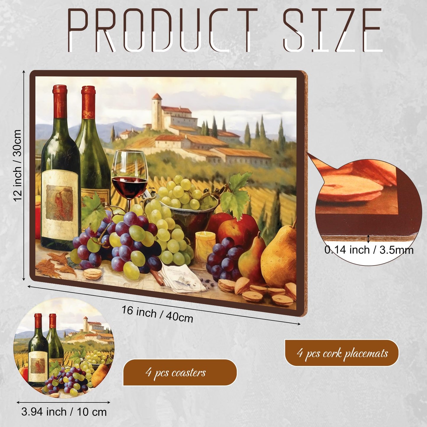 Tiangrid 8 Sets Cork Placemats with Coasters Include Wine Cork Backing Table Mats and Round Coasters Placemats Set for Kitchen Dinner Table Setting Supplies, 12 x 16 Inch (Wine)