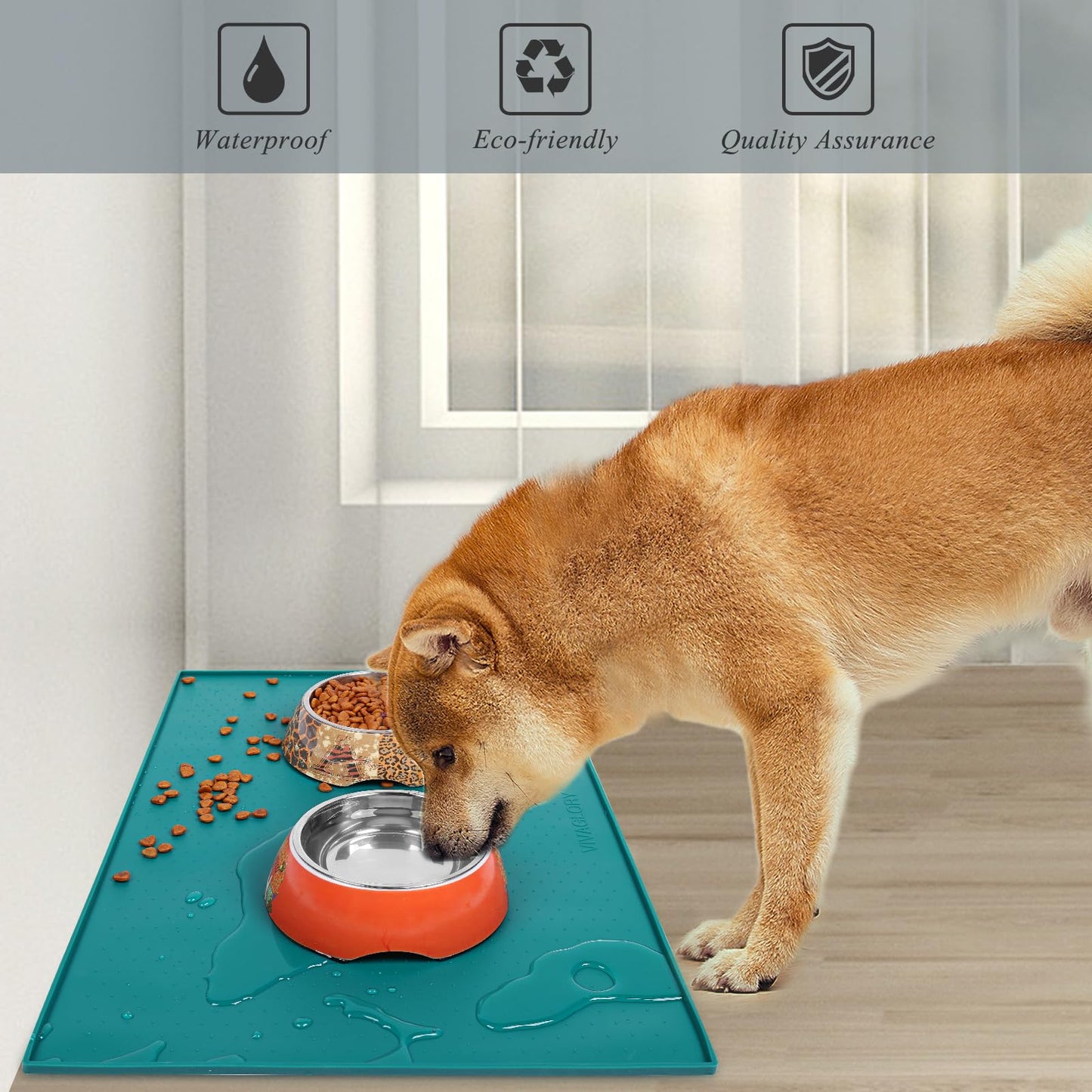 VIVAGLORY Dog Food Mat, Cat Dog Feeding Mat, Waterproof Non-Slip Food Grade Silicone Mat Placemat with Raised Edge, Anti-Messy Pet Bowl Mat for Food and Water, Deep Green, S(19"x12")
