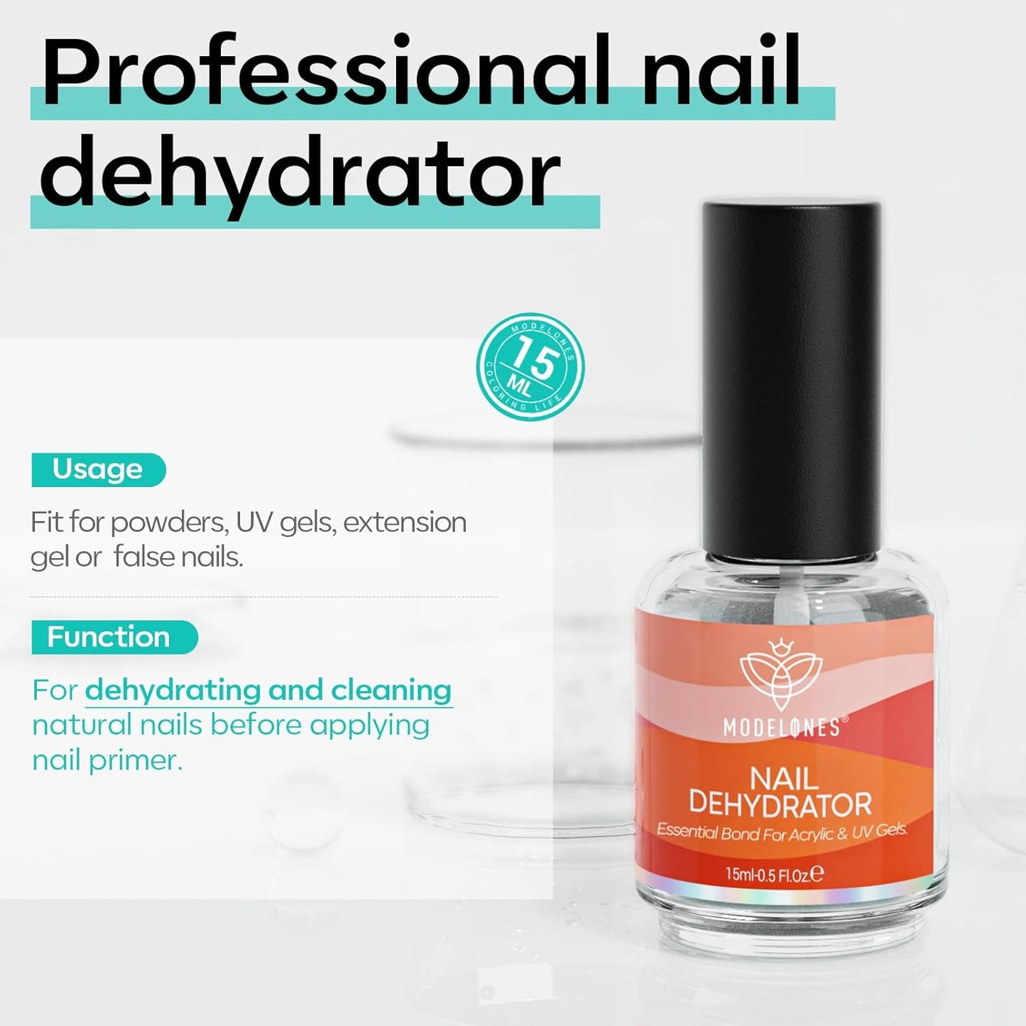 modelones Nail Dehydrator, 15 ml Acid Free Nail Prep Dehydrator for Press Ons/Acrylic Nails/Gel Nail Polish, Hema-Free Primer Bonder