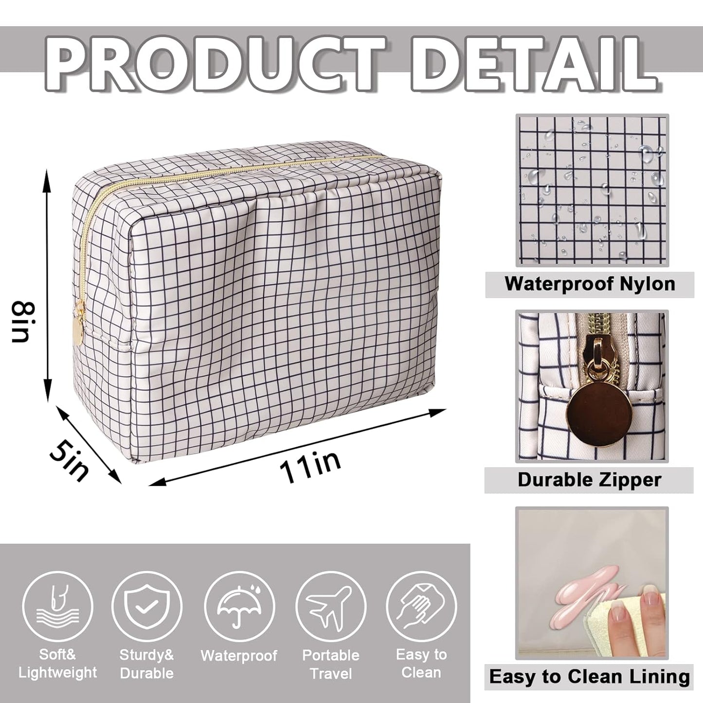 Large Makeup Bag Pouch, Nylon Women Travel Toiletry Storage Bag Checkered Cosmetic Bag for Girls, Big Preppy Makeup Organizer Bag Cute Zipper Pouch Skincare Bag for Sport School Work (Large-Checkered)