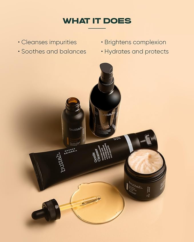 Buttah Skin Supreme Kit for Melanin Rich Skin | Oil-Free Hyaluronic Gel Cream 2 oz | Vitamin C Serum 1 oz | Cleanser 3.4 oz | Rosewater Toner 3.4 oz | Black Owned Skincare