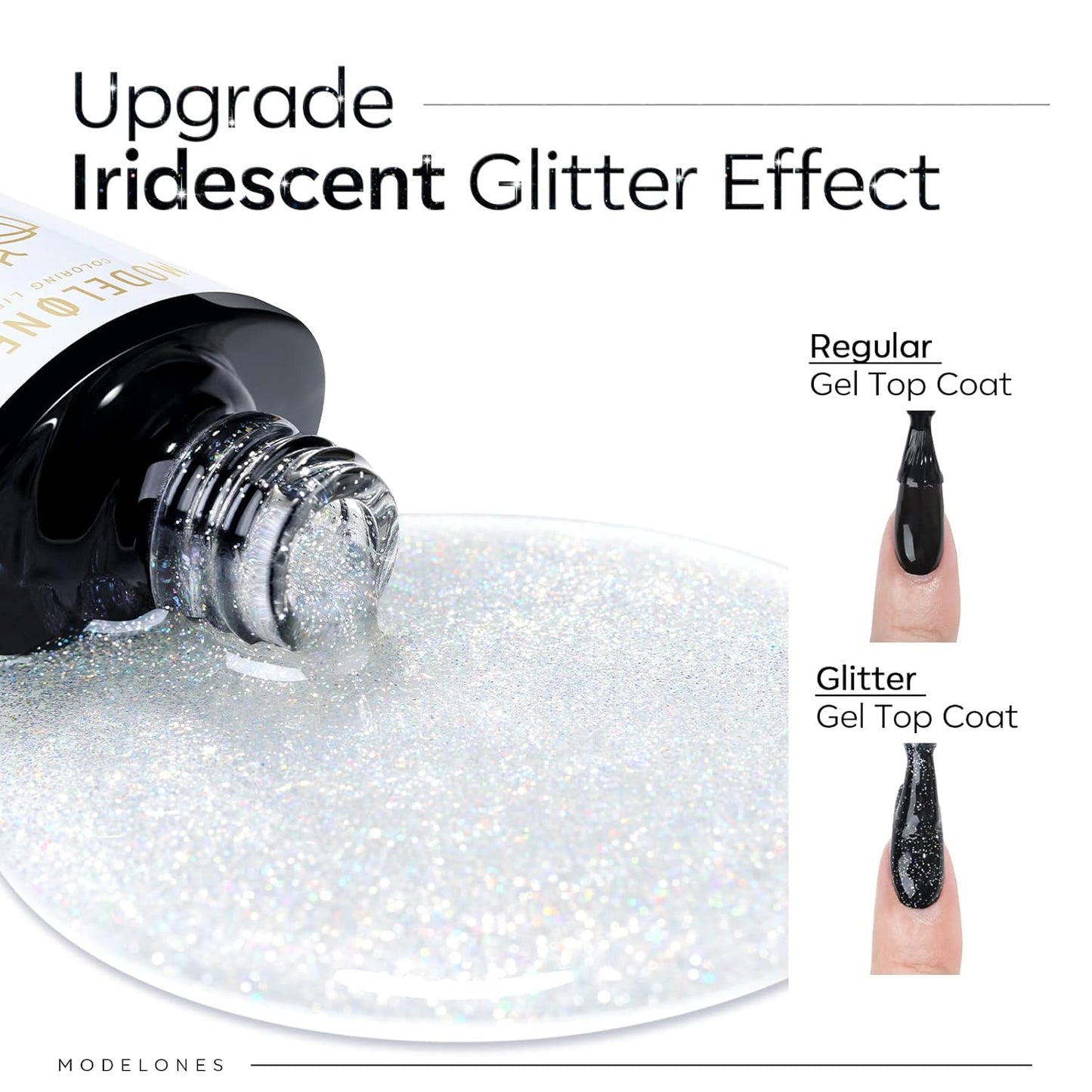 Modelones Glitter Gel Top Coat, Iridescent Silver Mix Glitter Gel Polish No Wipe Top Coat Glossy Sparkly Finish Long Lasting Soak Off Rainbow Shimmer Nail Polish Nail Art Gift, 10ml