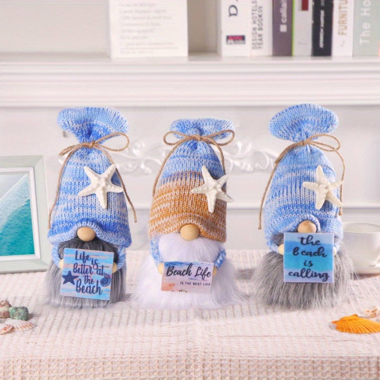 ALYRMEI Beach Birthday Gnome Plush - Summer Gnomes Decorations for Home,Cute Ocean Gnome Figurine Stuffed Gnomes Gifts for Women, Tiered Tray Decor, Beach Party Birthday Decor（Blue Beach）