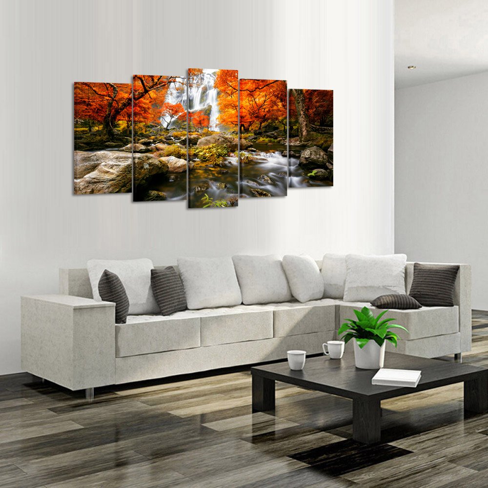 KREATIVE ARTS - Autumn Forest Waterfalls 5 Piece Modern Wrapped Giclee Canvas Prints Artwork Landscape Tree Paintings Pictures on Canvas Wall Art for Living Room (Large Size 60x32inch)