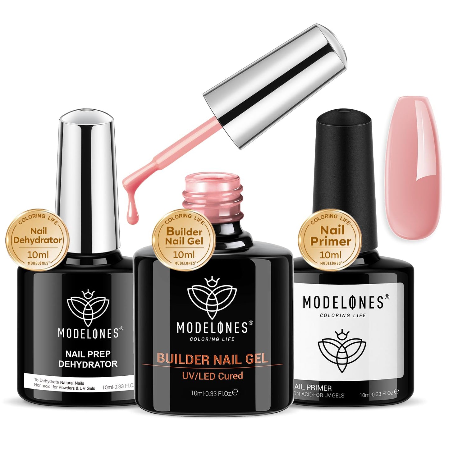 modelones Builder Nail Gel with Nail Dehydrator and Primer, 3Pcs Rose Nude Pink LED Gel Builder Polish Base Coat Acid Free Prep Dehydrate & Bond Primer for Thickening Apex Building 10ml Home DIY Salon