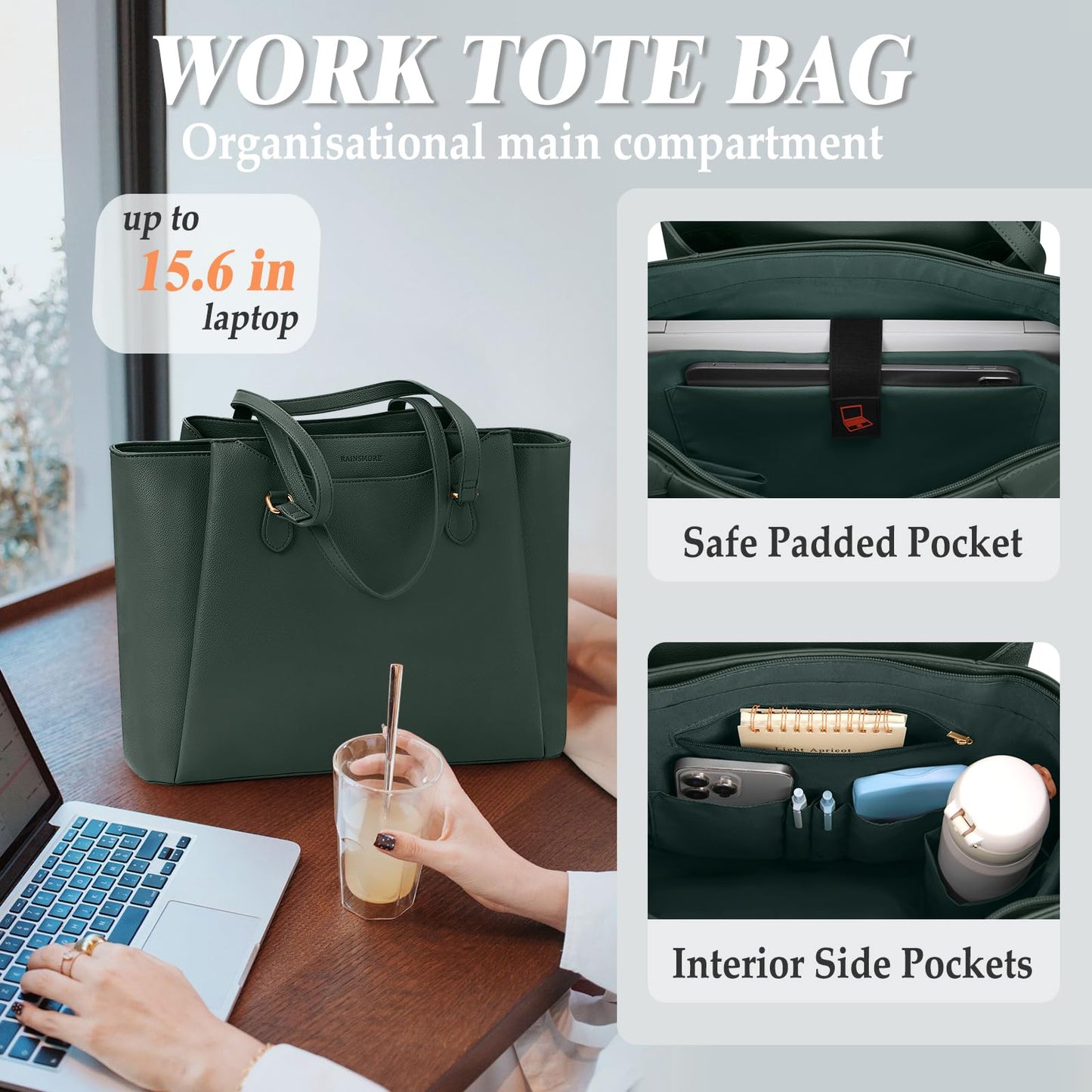 RAINSMORE Laptop Bag for Women 15.6 Inch Work Tote Bags Waterproof Computer Bags Leather Professional Laptop Purse Womens Laptop Briefcase Large Handbag for Office Teacher Travel, Green
