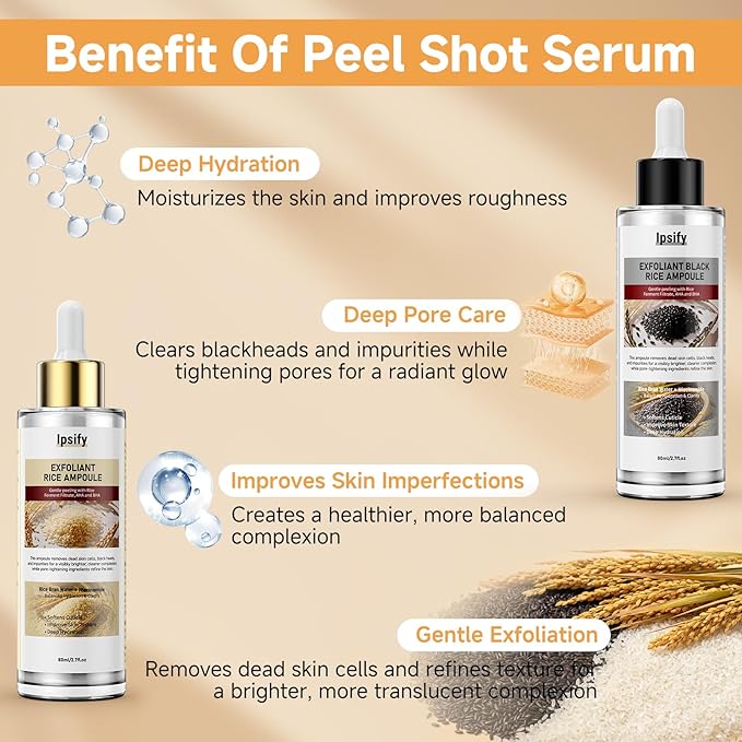 Peel Shot Glow Rice Ampoule, Black and White Rice Exfoliant for Face and Body, Rice Exfoliator for Faces Dead Skin Cells Remover, Face Peel Shot Serum for Softens Cuticle, 80ML (Black Rice)