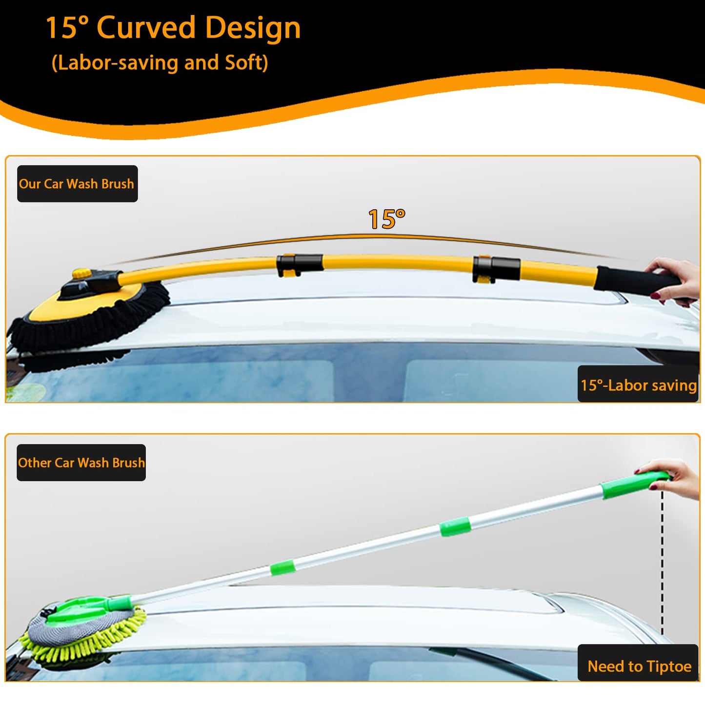 15° Curved Car Cleaning Brush with Telescopic Handle 43" Aluminum Alloy Long Rod Wash Mop For Washing Caravan Van Truck Boat RV Roof Soft Chenille Head Duster Clean Product Not Hurt Paint Scratch Free