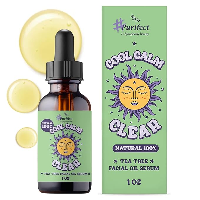 Purifect Cool Calm Clear Tea Tree Oil Redness Relief Face Serum – Removes Blemishes, Acne Scars and Soothes Dry, Itchy, Sensitive Skin – Made in USA with Vitamin E, Shea butter, Jojoba & for Face