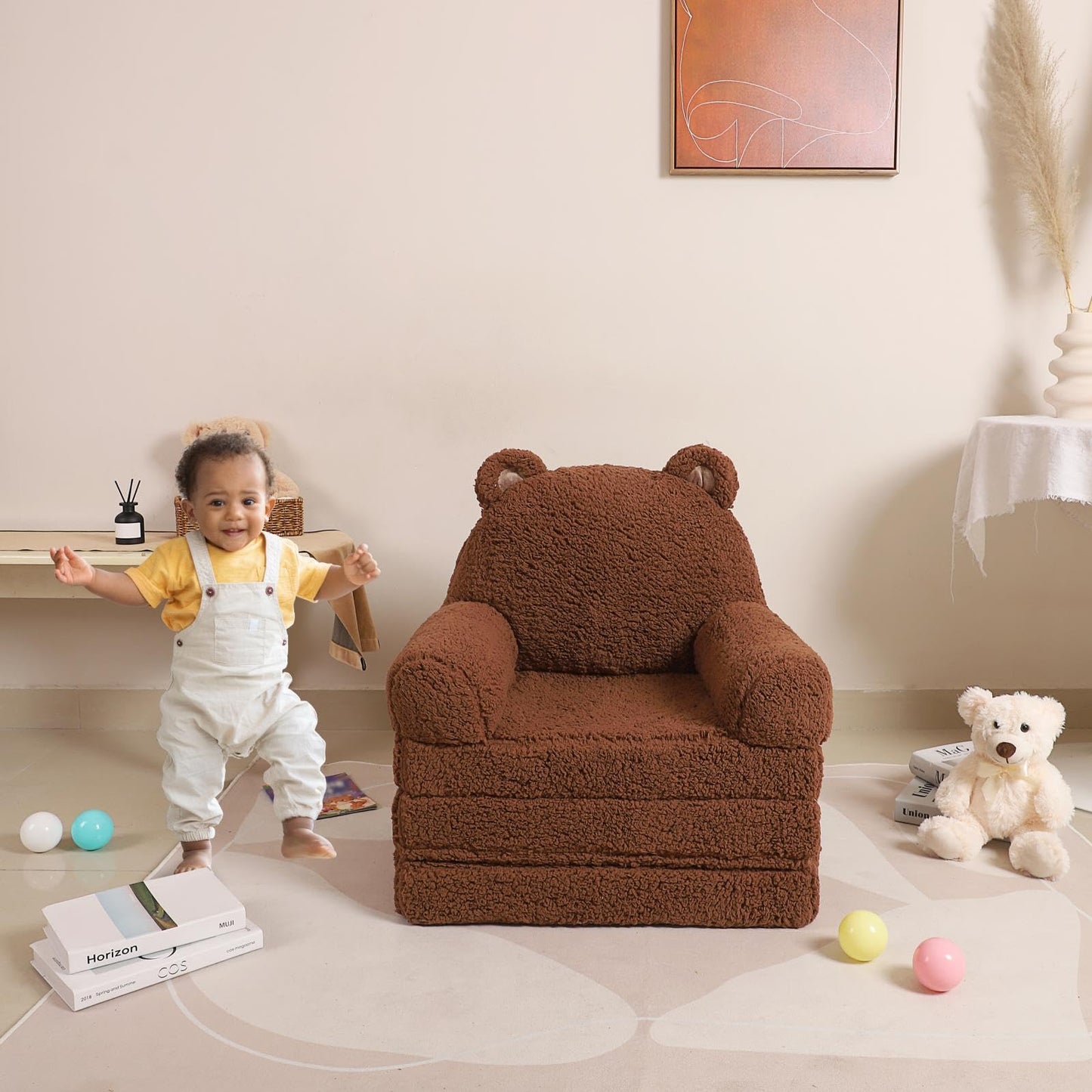 MOMCAYWEX Foldable Kids Sofa, Sherpa Teddy Bear Toddler Couch with Tri Folding Foam Cushions, Comfy Couch for Kids Age 18 Months and Up
