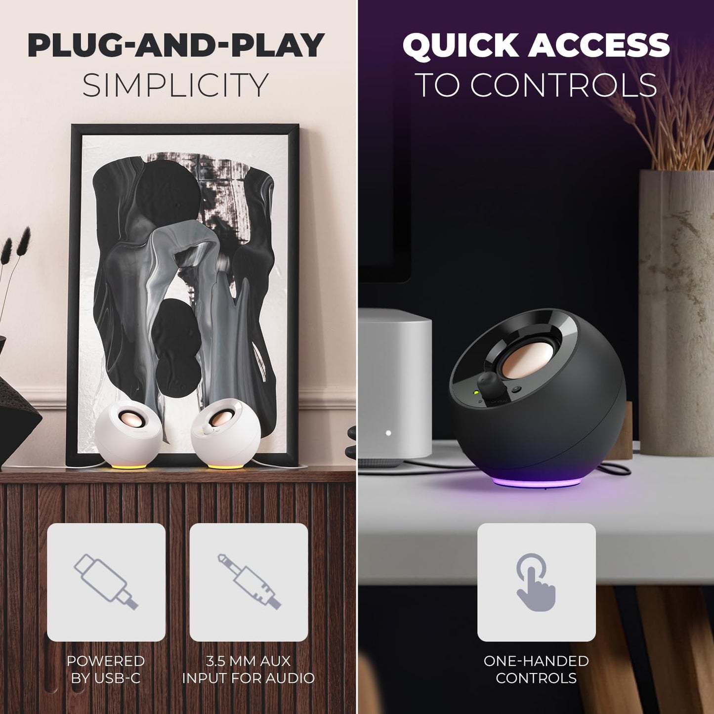 Creative Pebble SE Minimalist 2.0 USB-C Powered PC Speakers with RGB Lighting, 3.5 mm AUX-in, Up to 4.4W RMS Power for Computers and Laptops (Black)