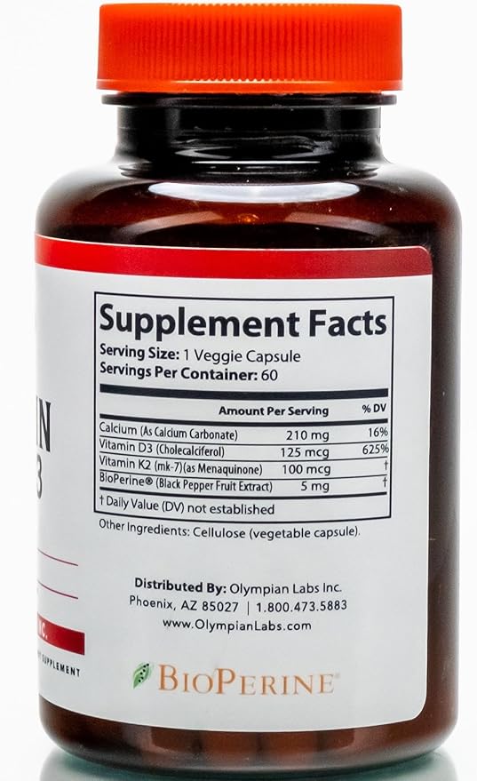Olympian Labs Vitamin K2 + D3, 60 Servings, Supports Immune System, Bone and Heart Support, 60 Vegan Capsules