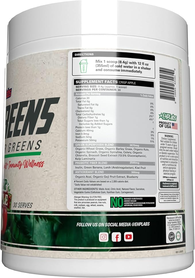 EHP Labs OxyGreens Super Greens Powder - Spirulina & Chlorella Superfood, Green Juice Powder & Greens Supplements with Prebiotic Fibre, Antioxidants & Immunity Support, 30 Serves (Crisp Apple)