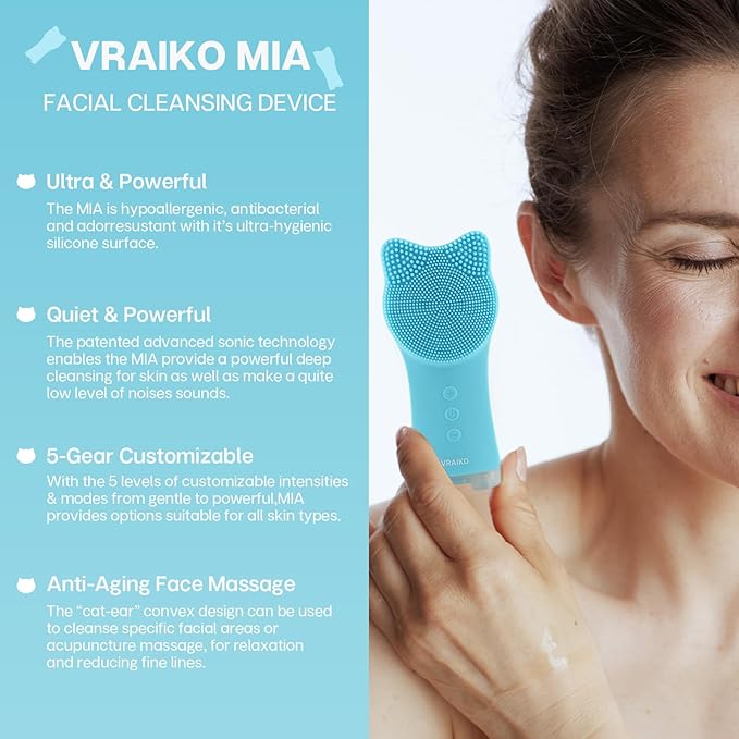 MIA Facial Cleansing Brush, Waterproof Rechargeable Face Cleansing Brush, with Soft Silicone and Adjustable Sonic Vibration, for Deep Cleansing Gentle Exfoliating and Massaging (Blue)