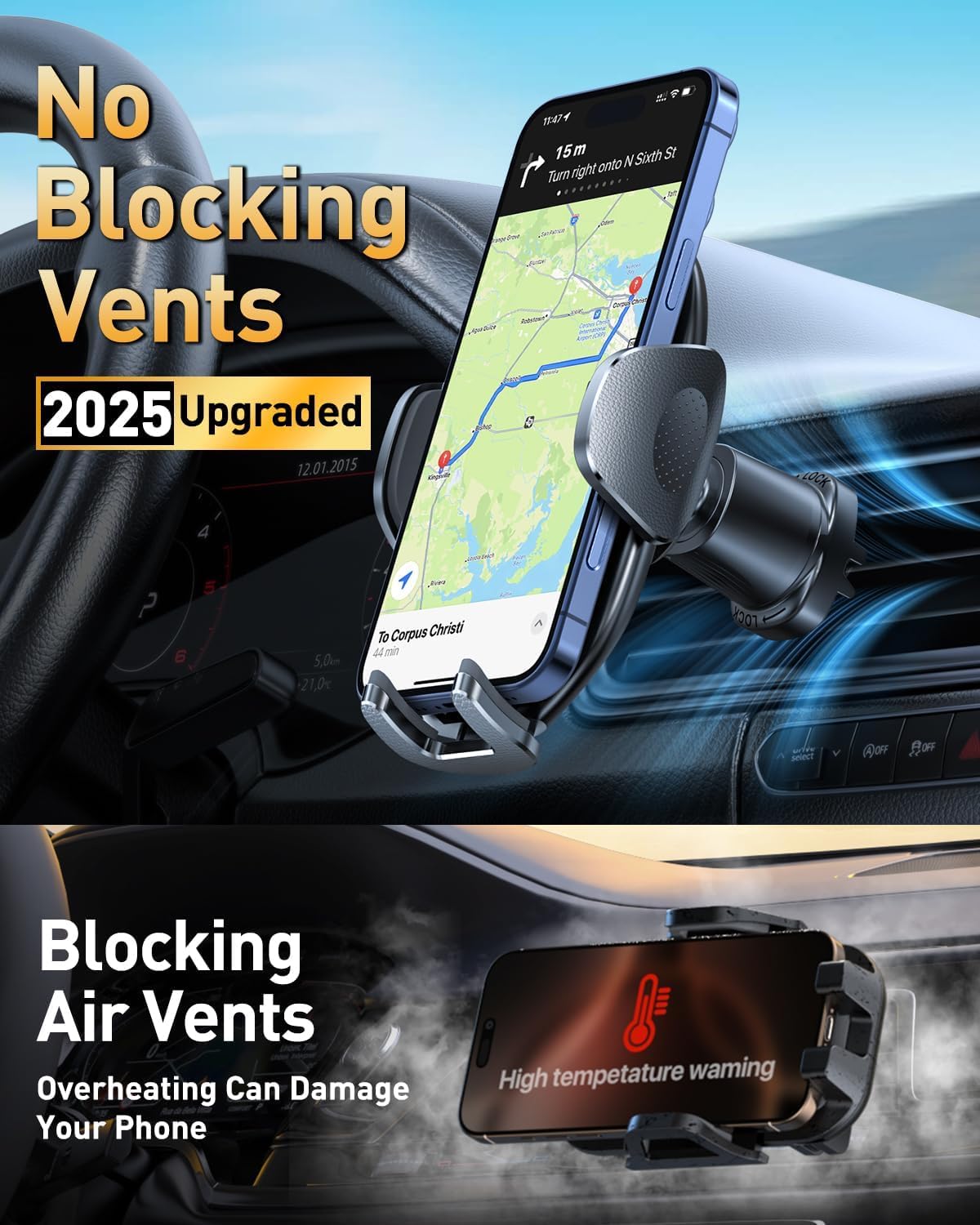 HTU 【Military-Grade Car Phone Holder,【Strongest & Longest Steel-Hook】 Car Vent Mount, Handsfree 360° Adjustable Automobile Cradle Air Clip Stand for iPhone 16 15 14 13 Pro Max Samsung,Sapphire Blue